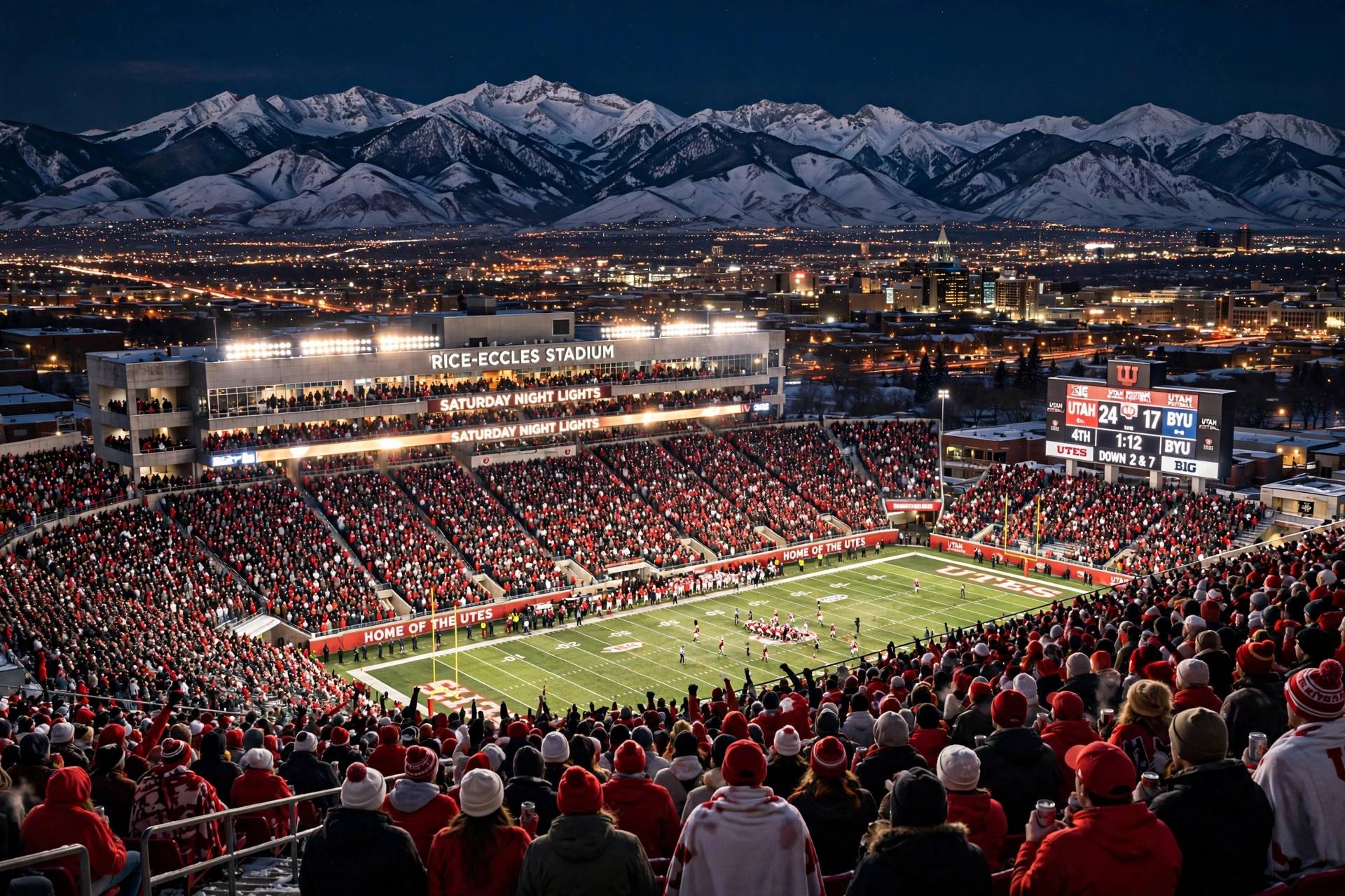 A college football stadium glowing under the lights at night, packed stands, snow-capped mountains on the horizon