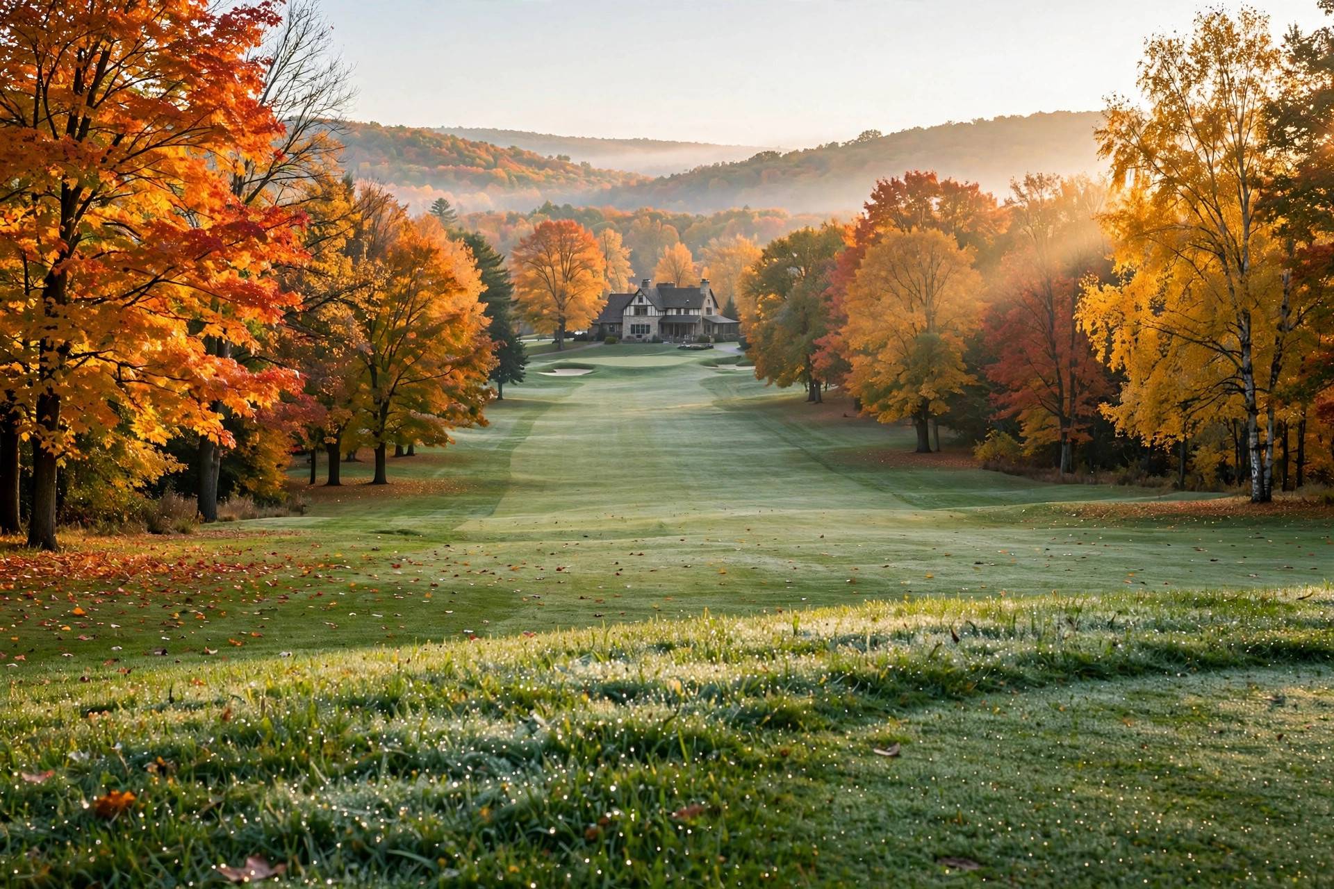 A Wisconsin golf fairway framed by peak orange and red fall foliage in morning light
