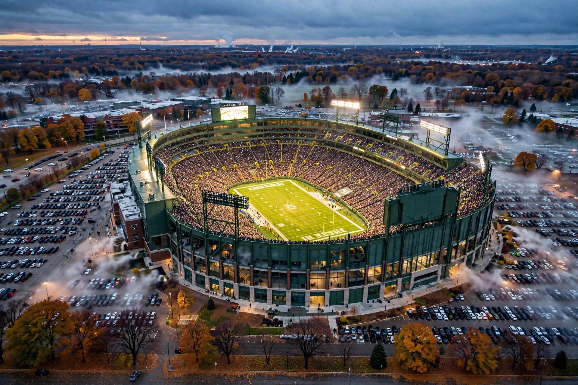 A professional football stadium glowing at dusk under bright lights, packed stands