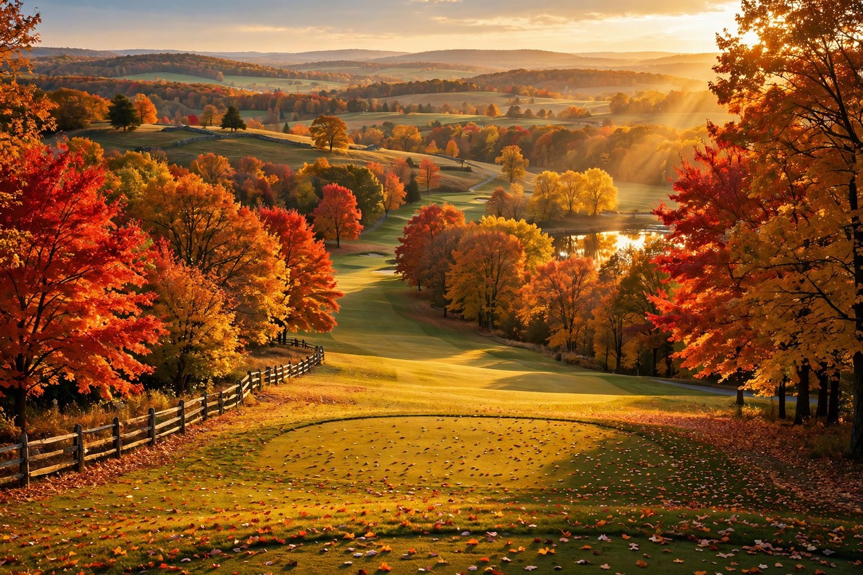 A golf hole winding through red, orange and gold fall trees and rolling hills outside Philadelphia