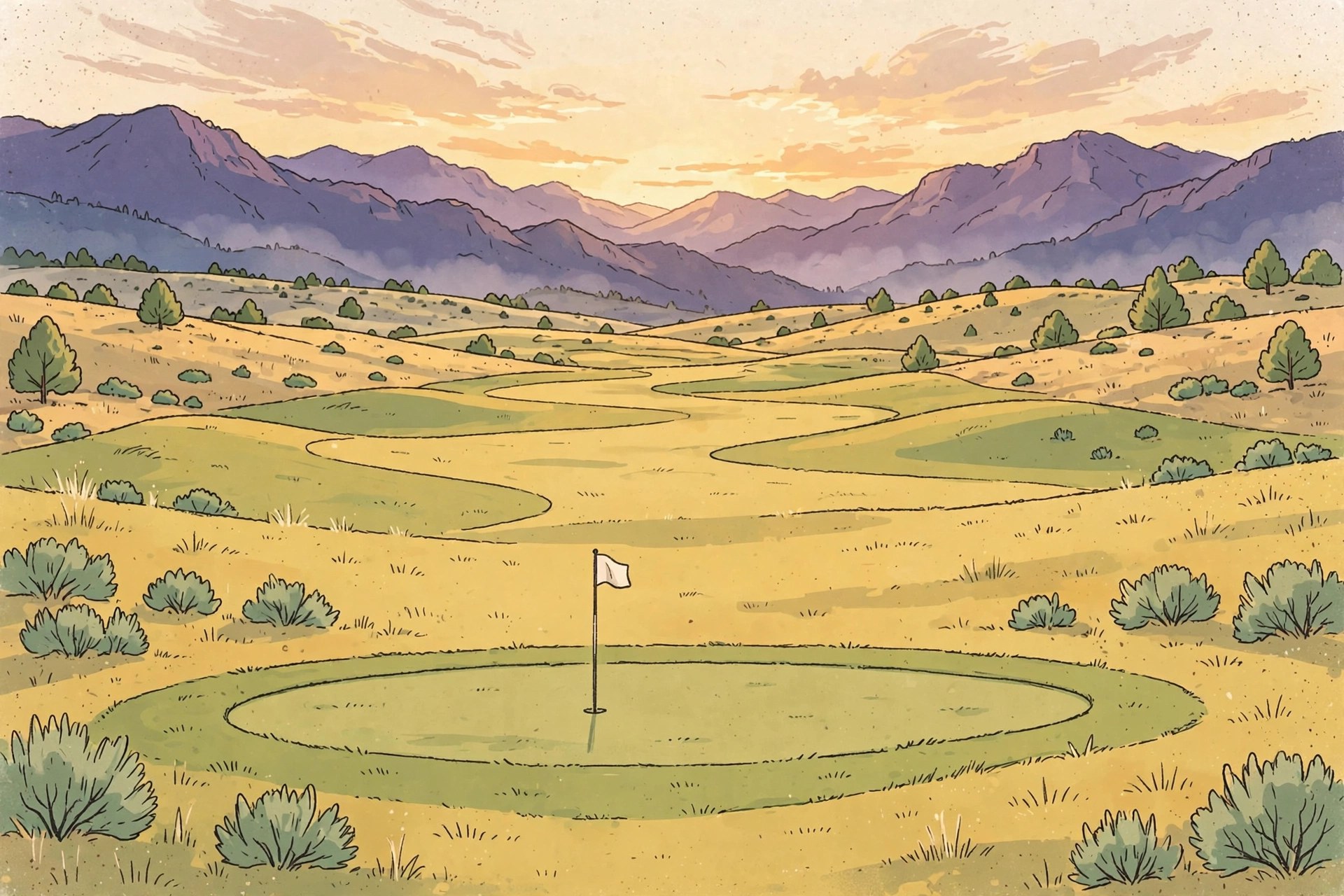 A Utah golf course at golden hour, fairways rolling toward distant mountains