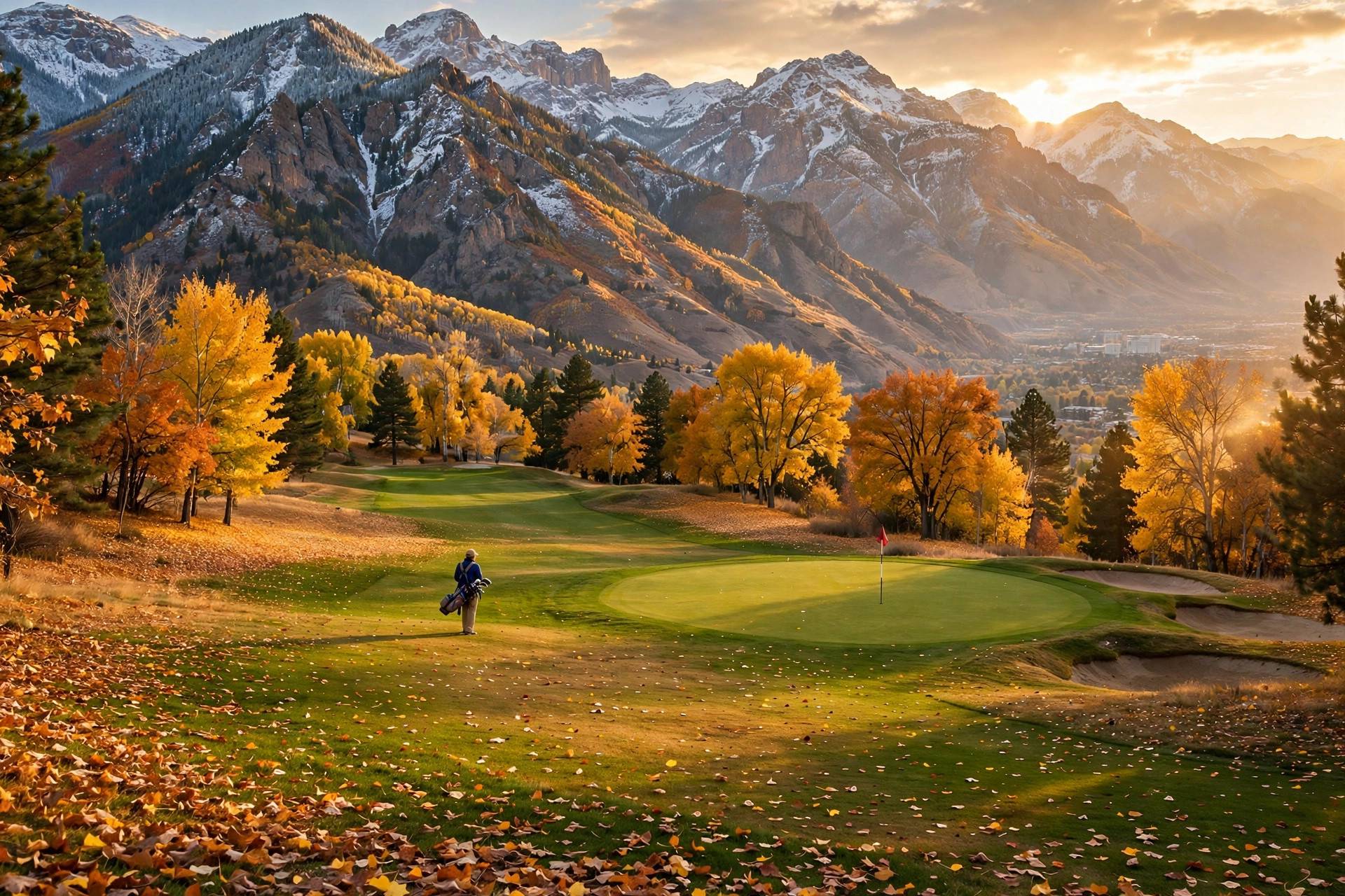 A golf fairway at the base of the Wasatch mountains in fall, golden light on the fairway