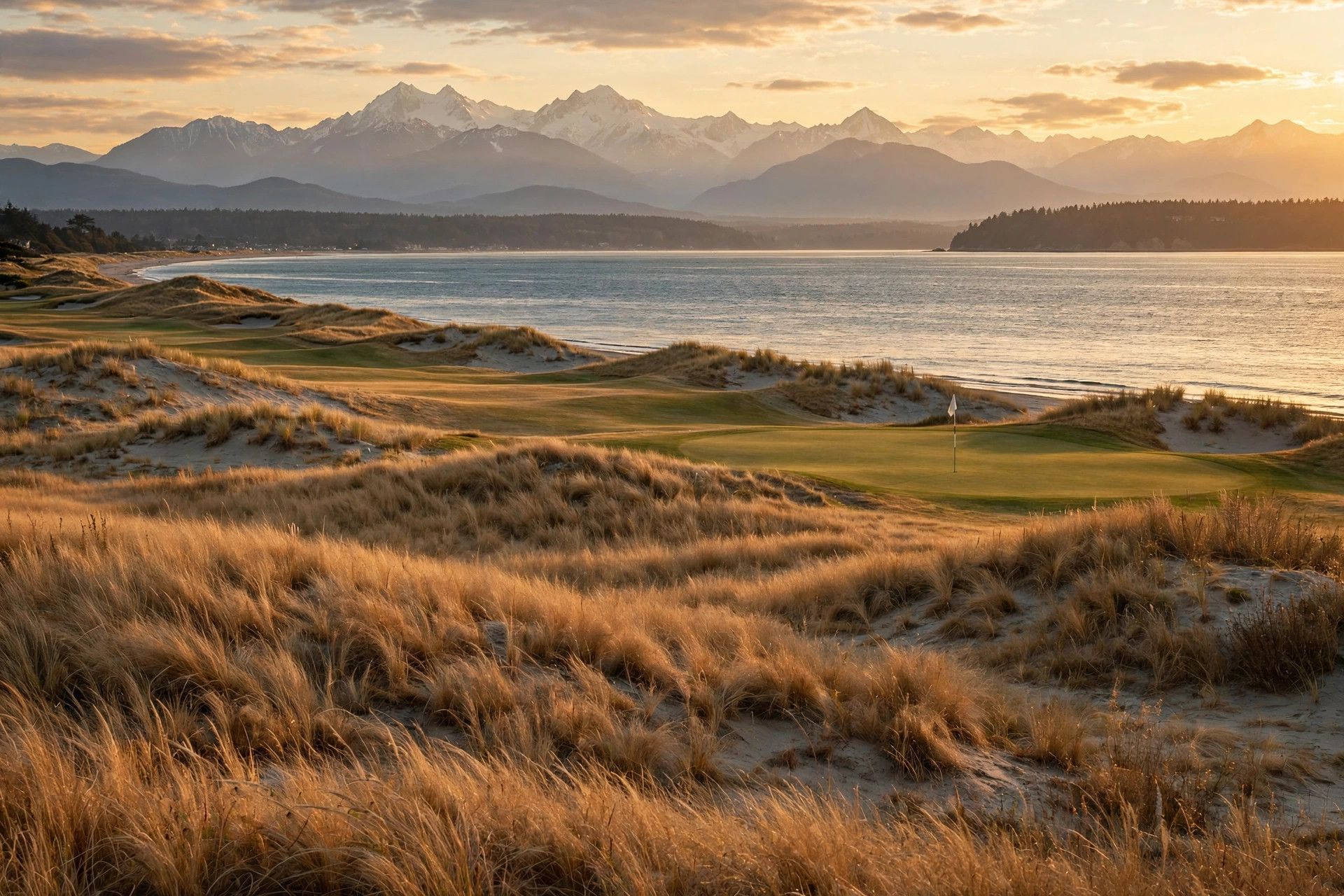 A links golf course in the dunes above Puget Sound at golden hour, the Olympic Mountains on the horizon